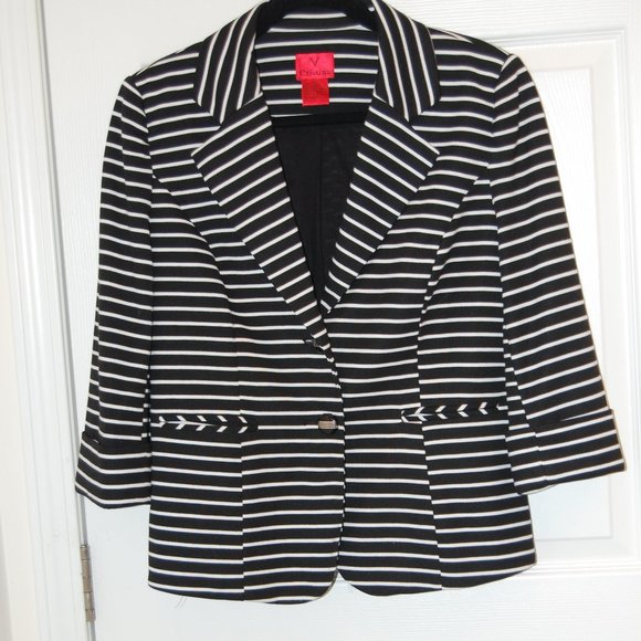 Christine V Black & White Striped 2 Button Women's Jacket Size Medium - Picture 2 of 10
